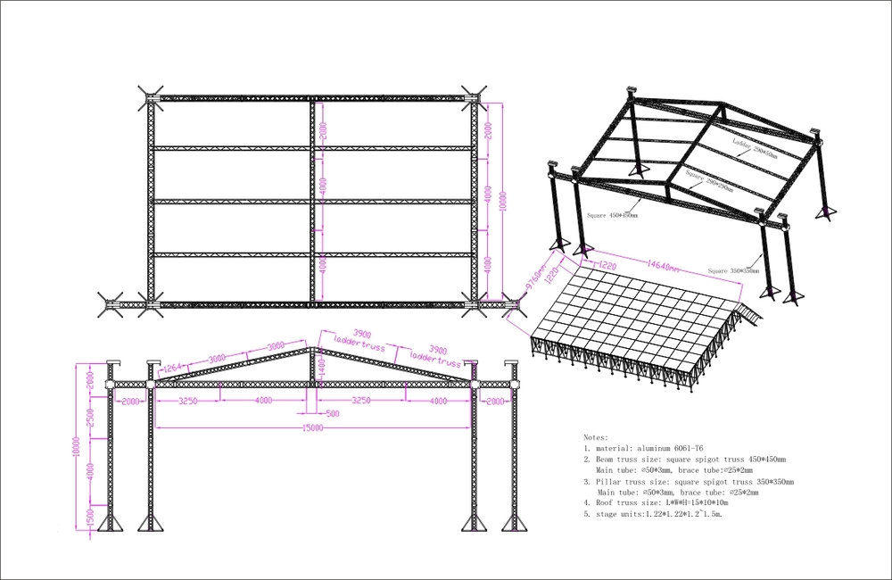 15x10x10m roof truss and stage drawing